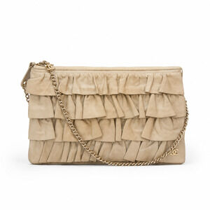 Vintage CHANEL 99P Beige Lambskin Ruffle Chain Shoulder Evening Bag